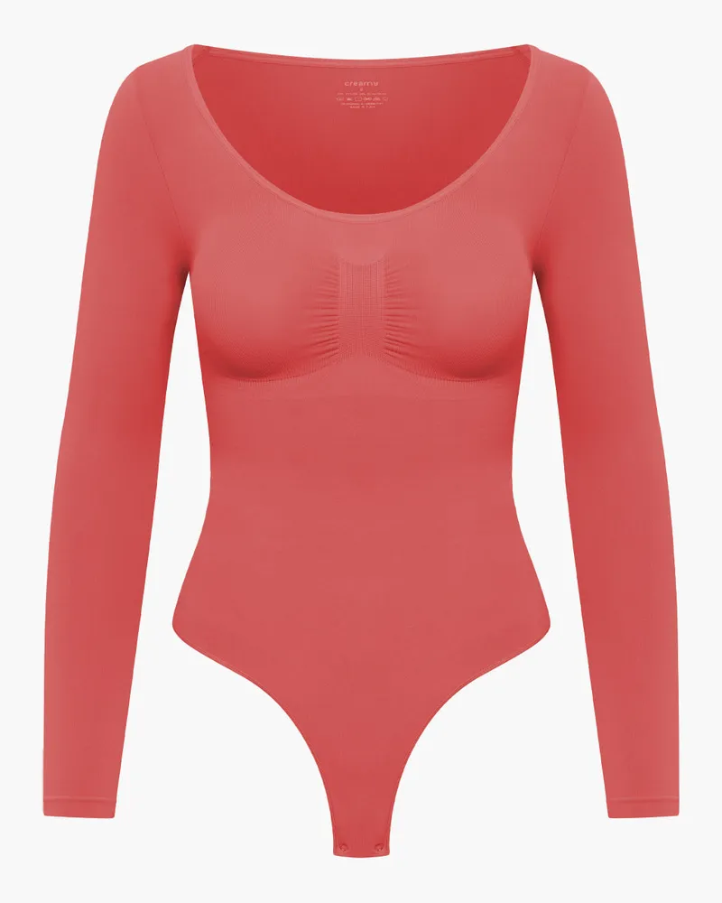 creamy fabrics Bodysuit Sculpting Shapewear Longsleeve mit String (#2) - Coral / 2XL 