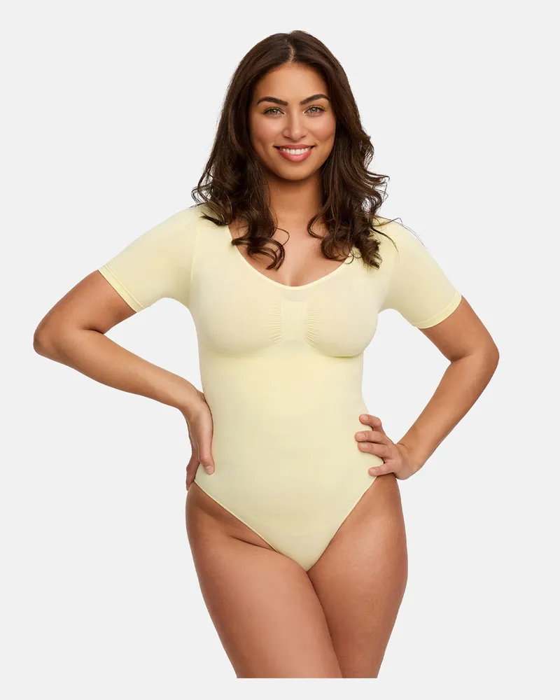 creamy fabrics T-Shirt Bodysuit Sculpting Shapewear mit String - Baby Yellow / L 