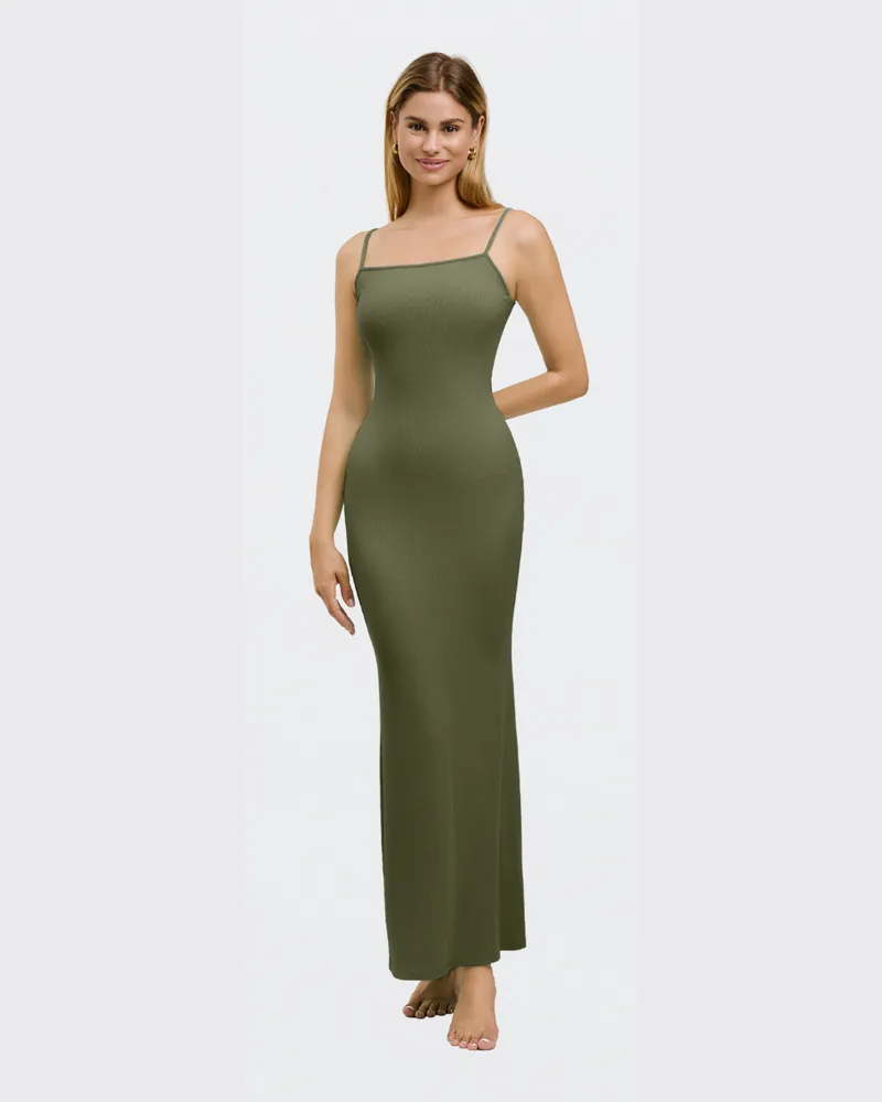 creamy fabrics Ribbed Cami Maxikleid - Army Green / XS 