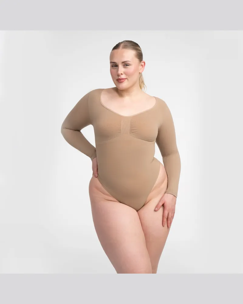 creamy fabrics Bodysuit Sculpting Shapewear Longsleeve mit String - Beige / 4XL 