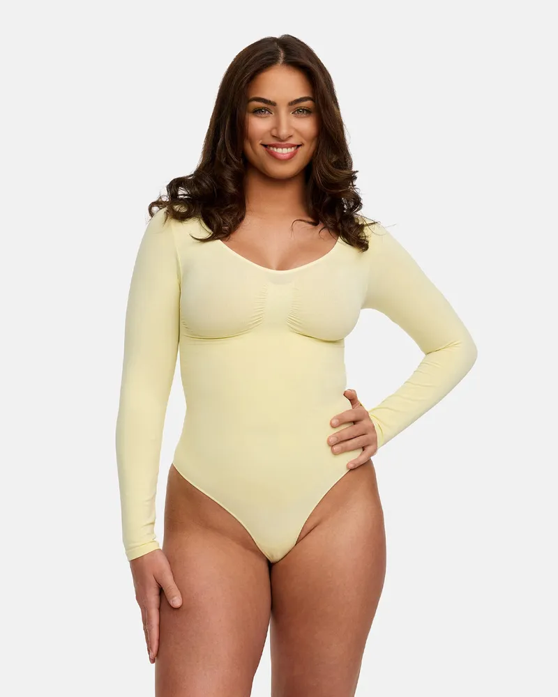 creamy fabrics Bodysuit Sculpting Shapewear Longsleeve mit String - Baby Yellow / XL 