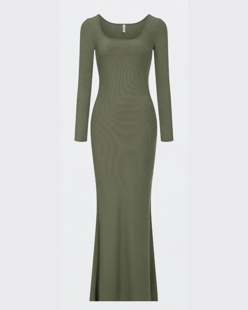 creamy fabrics Ribbed Long Sleeve Maxikleid - Army Green / L 