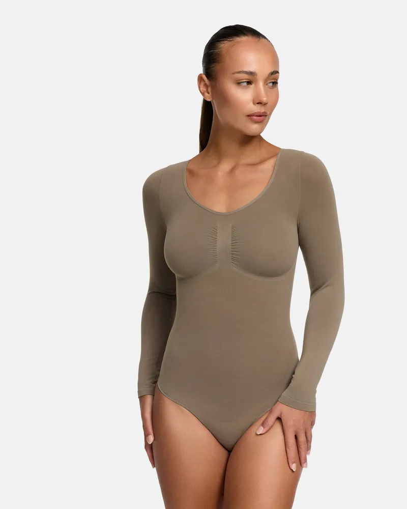creamy fabrics Bodysuit Sculpting Shapewear Longsleeve mit String (#2) - Taupe / XS 