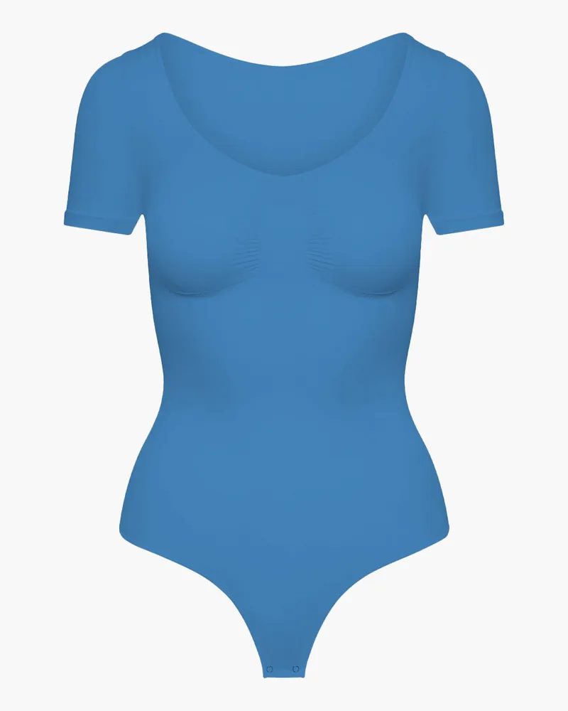 creamy fabrics T-Shirt Bodysuit Sculpting Shapewear mit String (#2) - Silver Lake Blue / M 