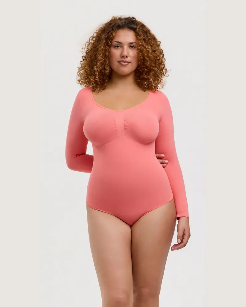 creamy fabrics Bodysuit Sculpting Shapewear Longsleeve mit String (#2) - Coral / XS 
