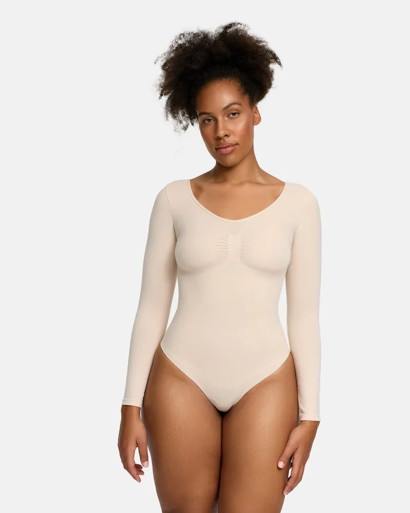 creamy fabrics Bodysuit Sculpting Shapewear Longsleeve mit Slip (#2) - Sand / L 
