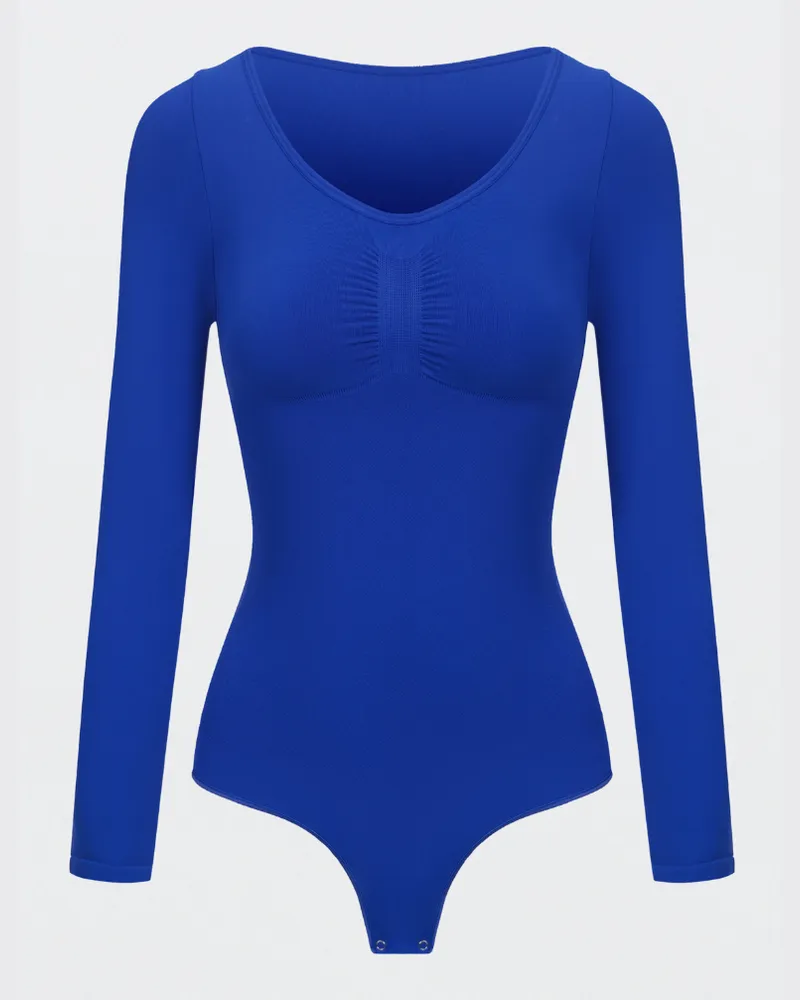 creamy fabrics Bodysuit Sculpting Shapewear Longsleeve mit String (#2) - Web Surf Blue / XL 