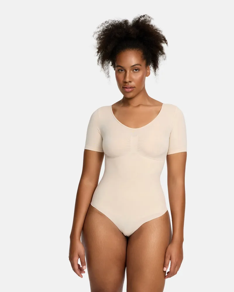 creamy fabrics T-Shirt Bodysuit Sculpting Shapewear mit Slip (#2) - Sand / 2XL 
