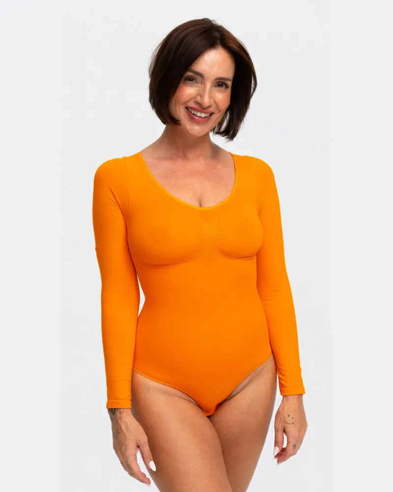creamy fabrics Bodysuit Sculpting Shapewear Longsleeve mit Slip (#2) - Sunset Orange / L 