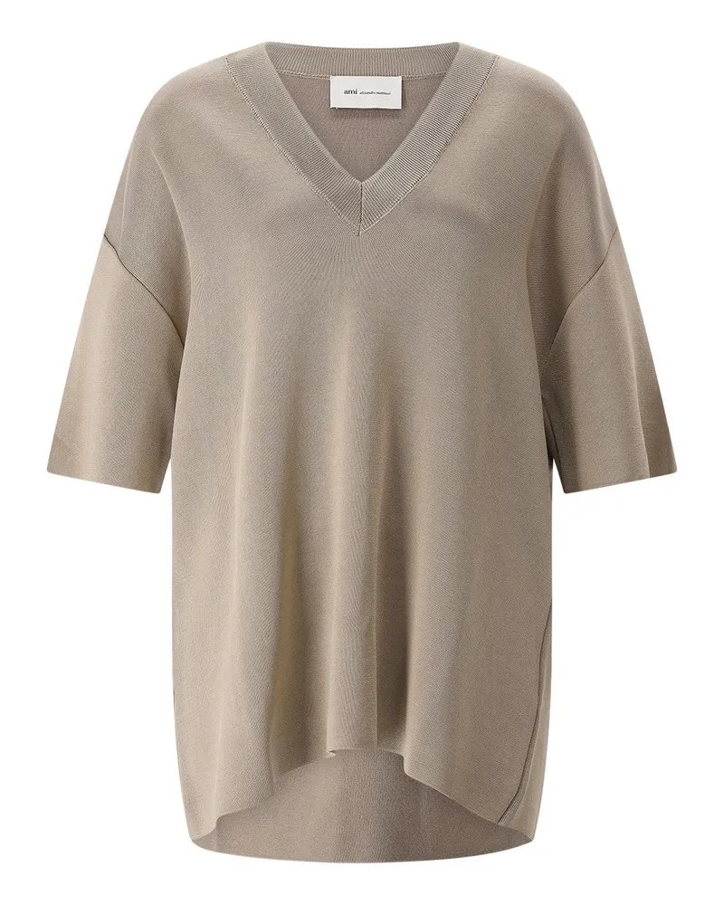 AMI Paris Kurzarm-Pullover aus Wollmix Braun
