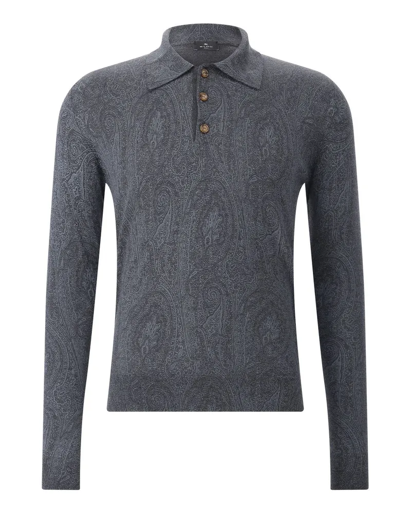 Etro Langarm-Poloshirt aus Wolle & Seide Dunkelgrau