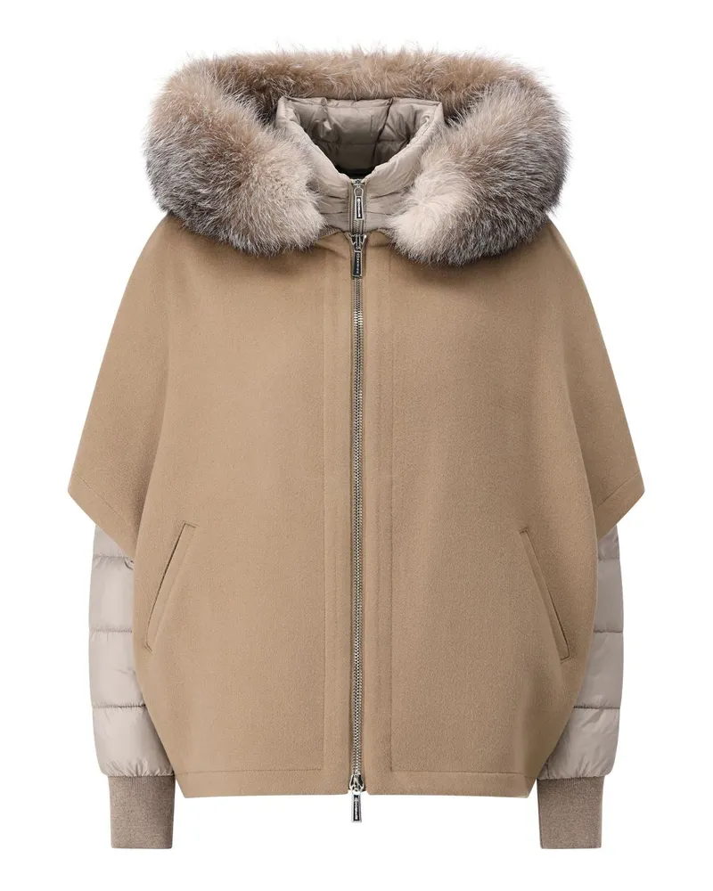 MOORER Steppjacke Pegaso mit Cape und Pelz-Besatz Hellbraun