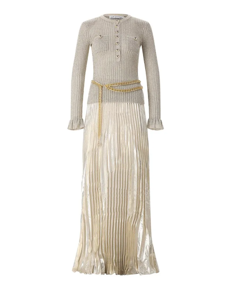 Self-Portrait Maxikleid im Material-Mix Gold