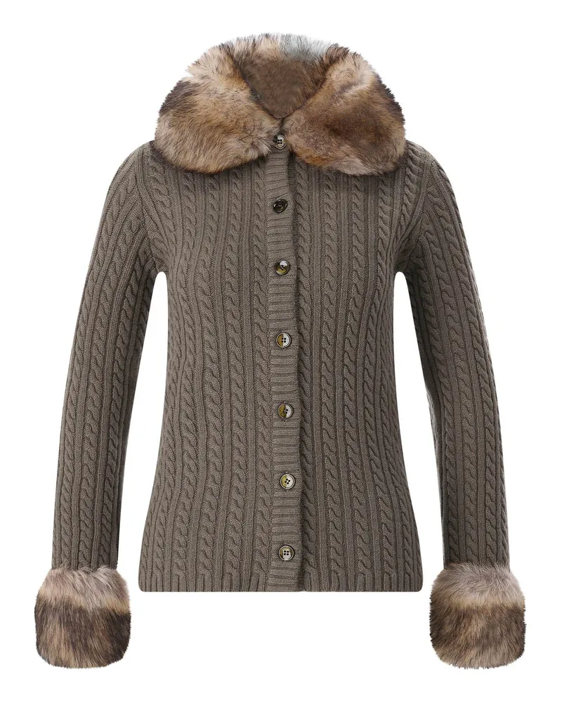 Saint Laurent Strickjacke aus Kaschmir & Kunstpelz Dunkelgrün