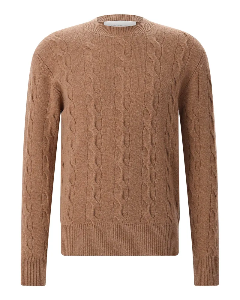 AMI Paris Zopfstrick-Pullover aus Merinowolle Braun