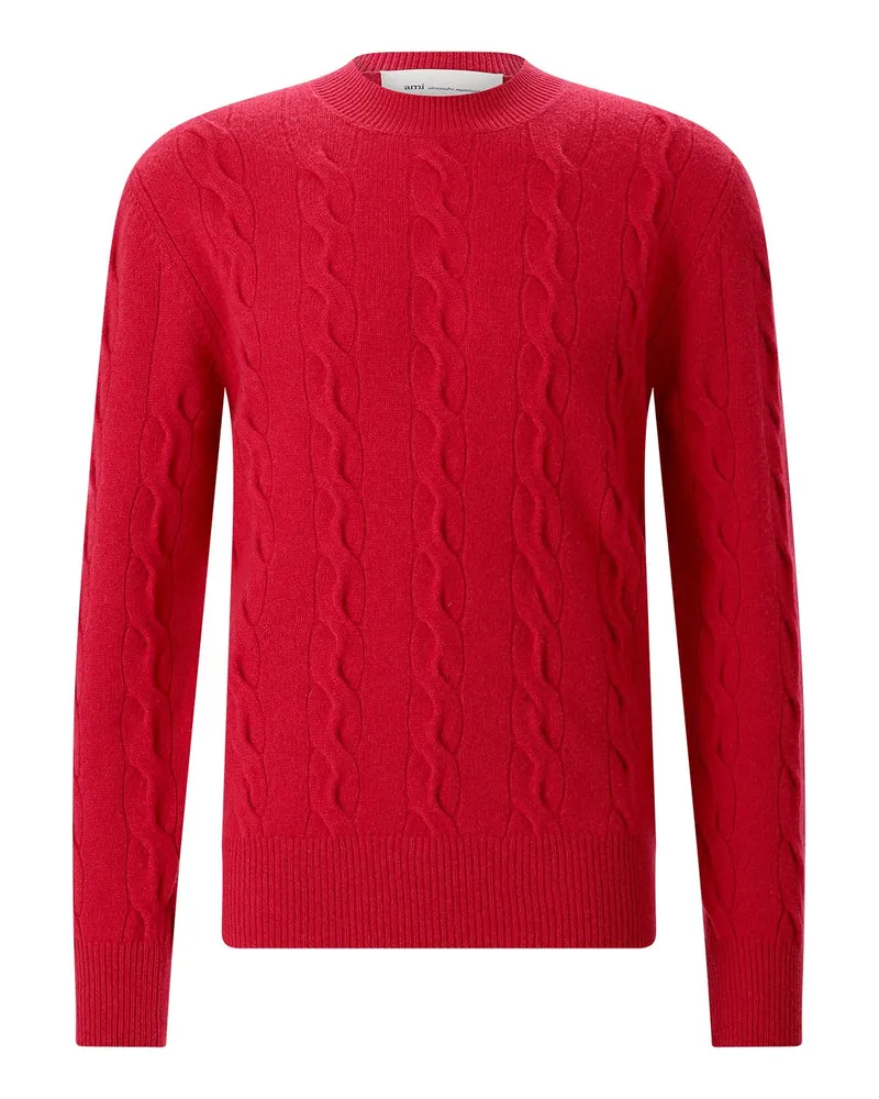 AMI Paris Zopfstrick-Pullover aus Merinowolle Rot
