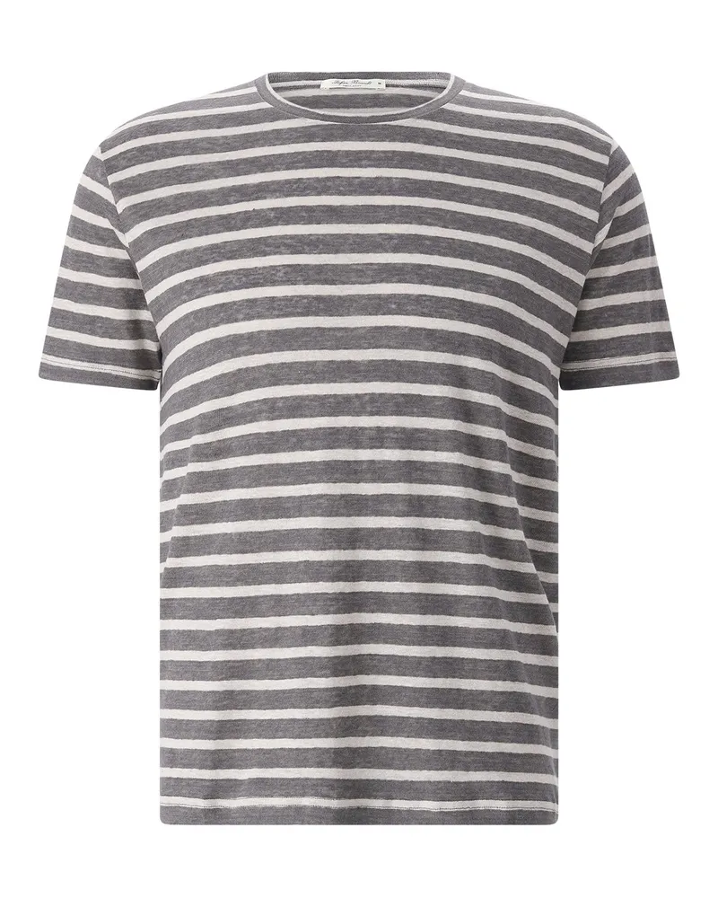 Stefan Brandt Gestreiftes T-Shirt Enno aus Leinen Dunkelgrau