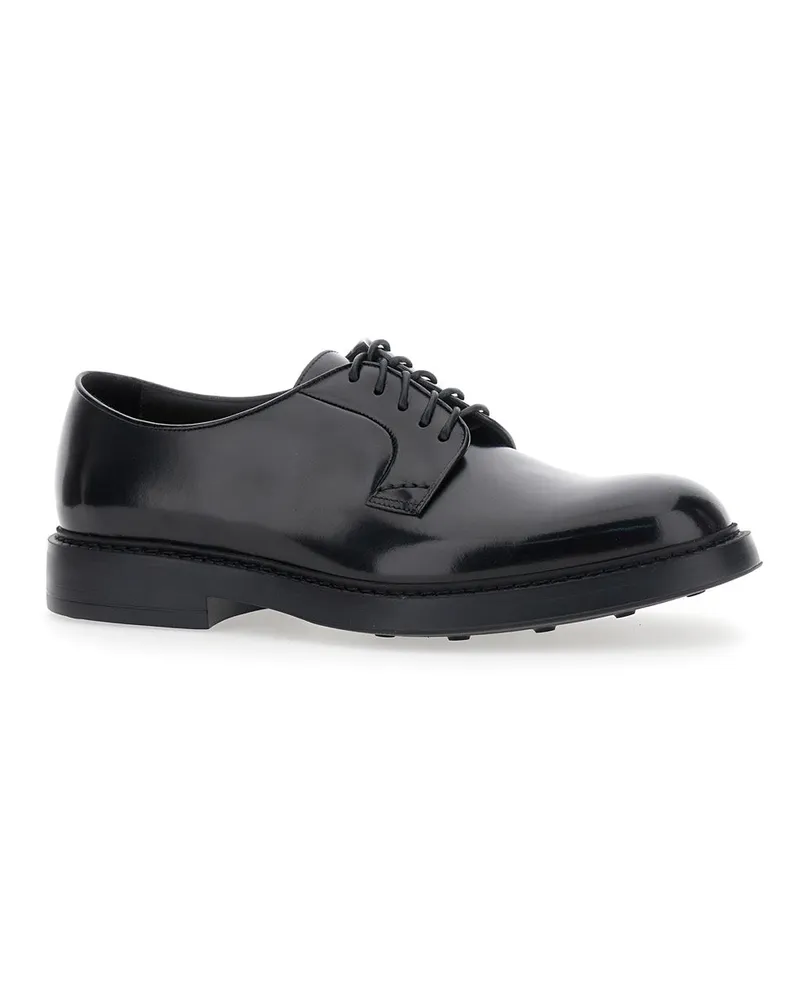 Doucal´s Men's Derby Shoes Fondo Bruges Horse Black Calf Leather Lace-Up Flat Black