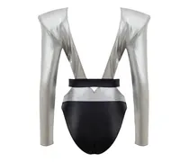 Silver Long Sleeve One-Piece Swimsuit — Silver