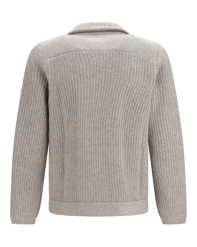Brunello Cucinelli Men's Cardigan Marina English Rib Cashmere Stone Sweater Gray