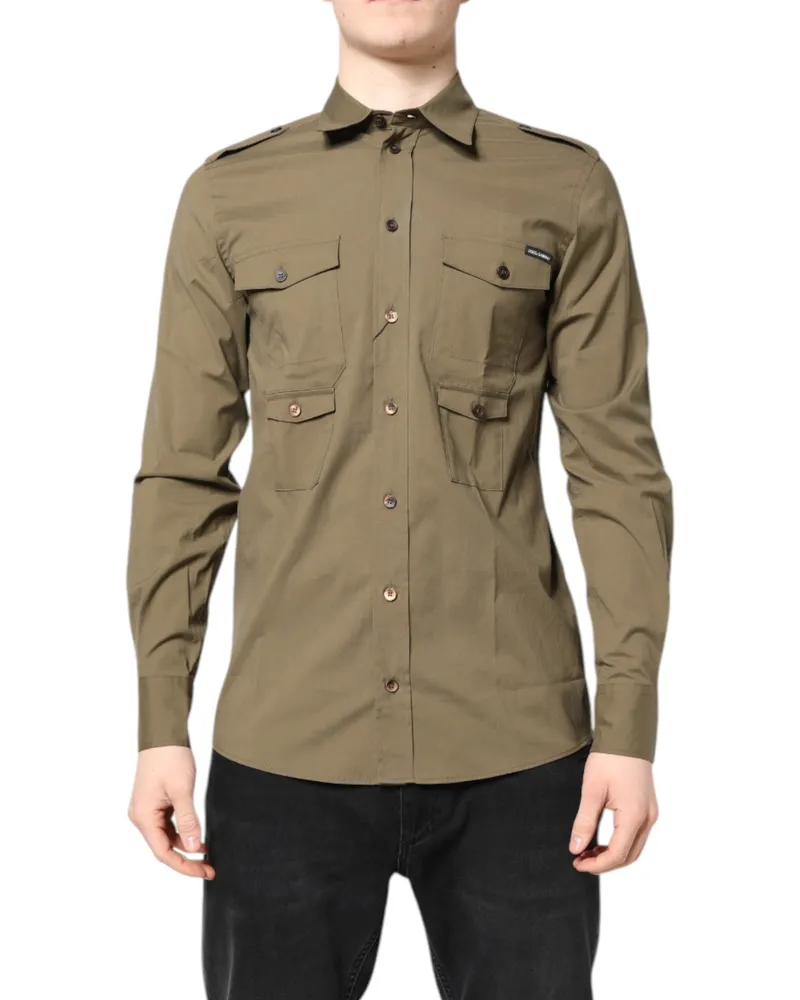Dolce & Gabbana Men's Brown Cotton Stretch Casual Long Sleeves Shirt Elastane Brown