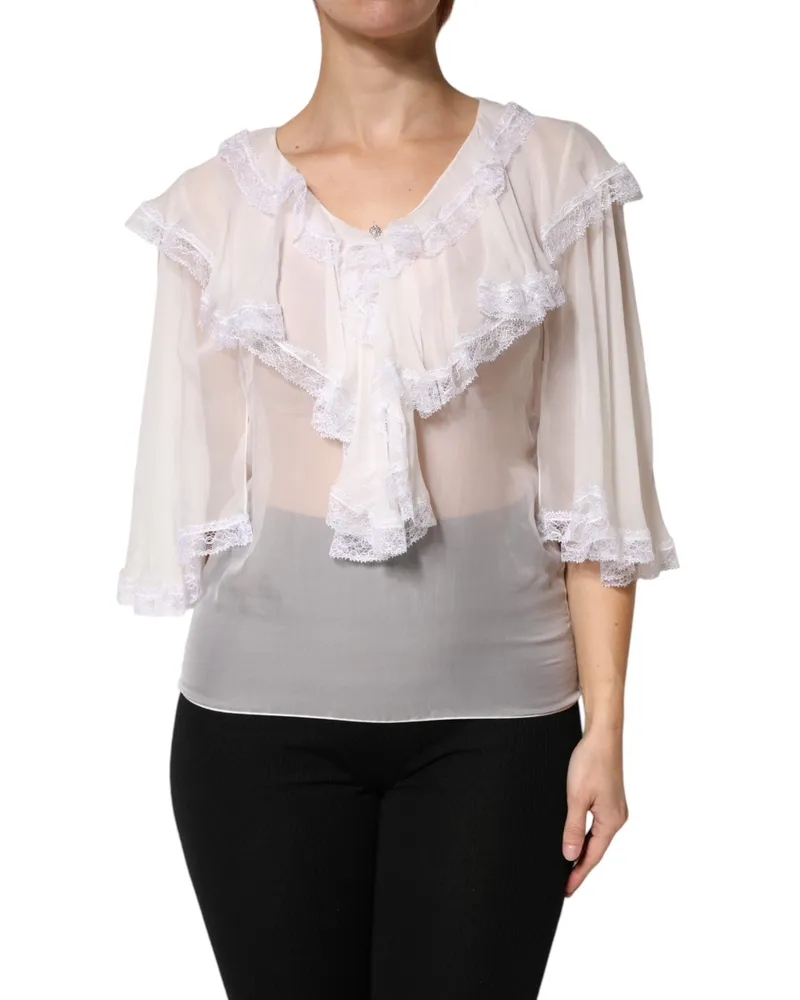 Dolce & Gabbana Women's White Longsleeve Lace Trim Ruffled Blouse Top Nylon Silk Viscose White