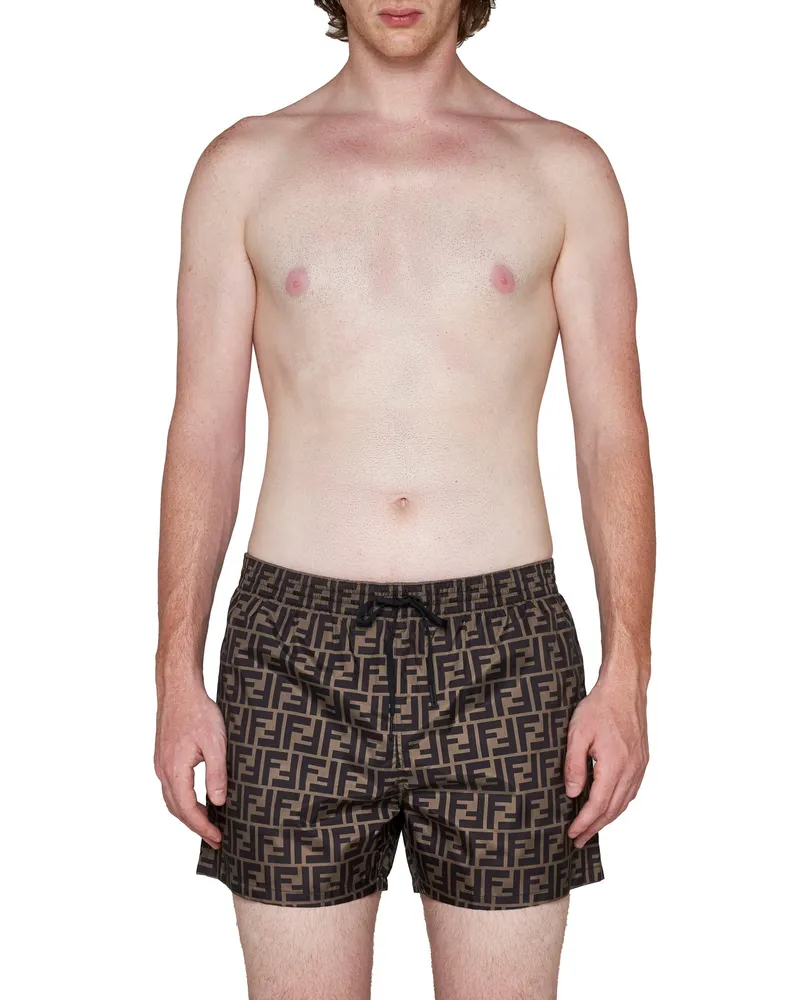 Fendi Men's Brown Nylon Swim Boxers Beachwear Sea Clothing Brown