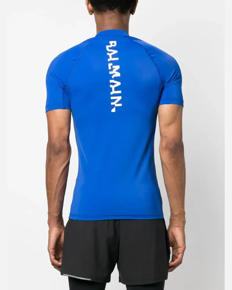 Balmain Men's Logo-Print High-Neck T-Shirt Aw23 M Blue