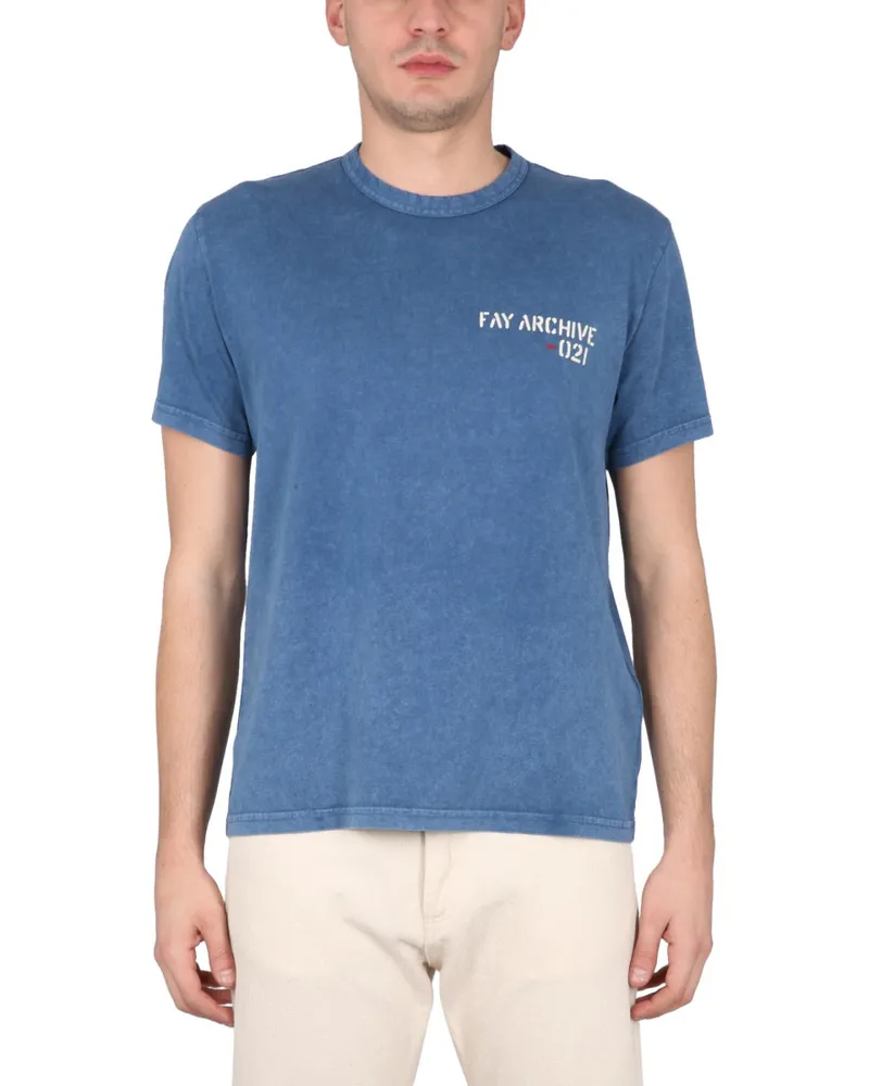 Fay Crewneck Logo-Print Cotton T-Shirt — Blue Blue