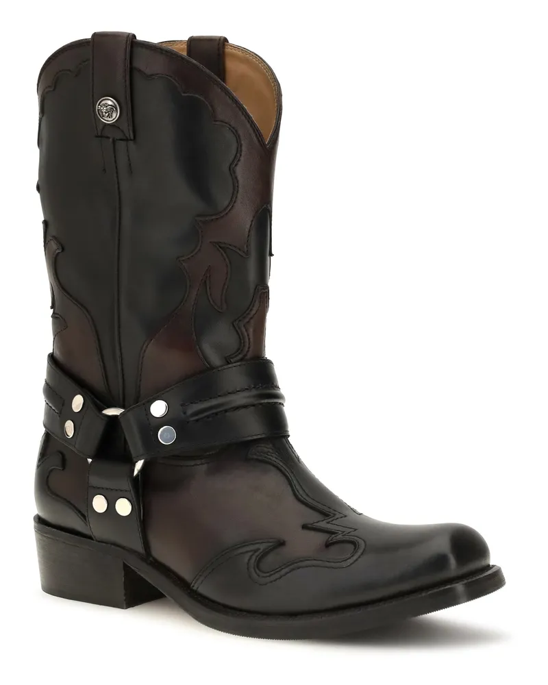 Versace Women's Sylvester Leather Cowboy Boots Black + Bordeaux Palladium Black