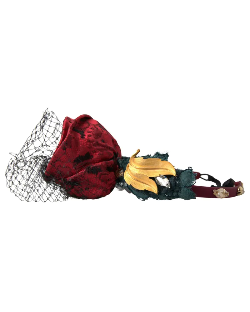 Dolce & Gabbana Women's Red With Multicolor Rose Silk Crystal Netted Logo Diadem Headband Accessory Red