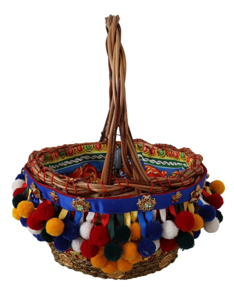 Dolce & Gabbana Women's Multicolor Cotton Embellished Agnese Basket Tote Bag Wicker Multicolor