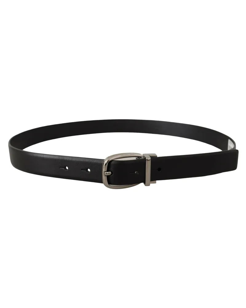 Dolce & Gabbana Men's Black Leather Silver Metal Chrome Logo Buckle Belt Black