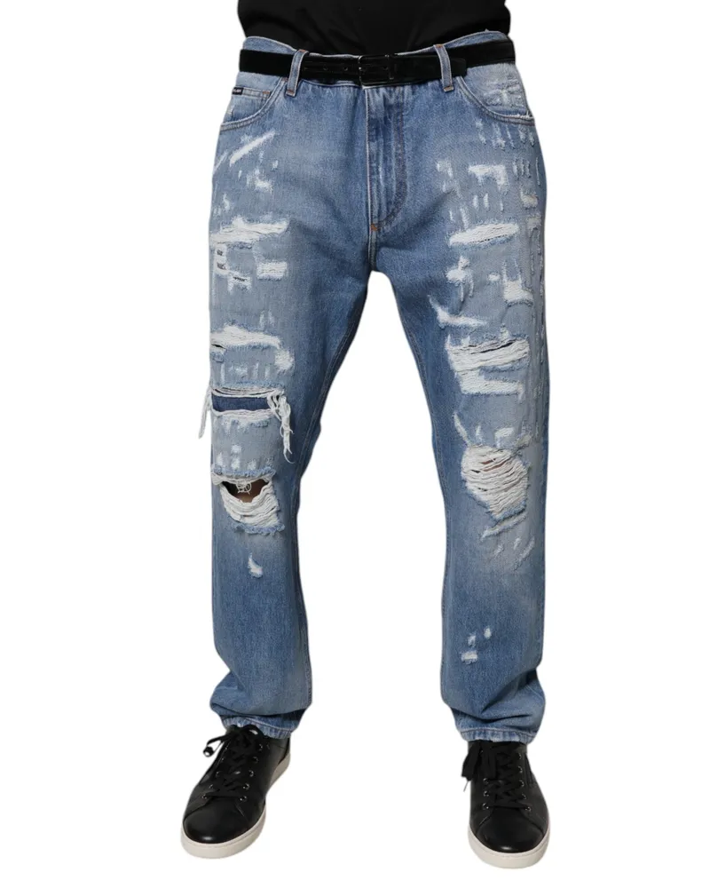 Dolce & Gabbana Men's Blue Tattered Straight Cotton Denim Jeans Clothing Blue