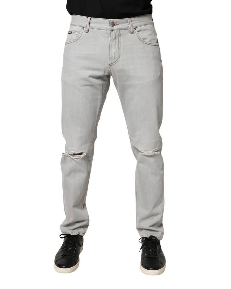 Dolce & Gabbana Men's Light Gray Ripped Cotton Regular Denim Jeans Clothing Gray