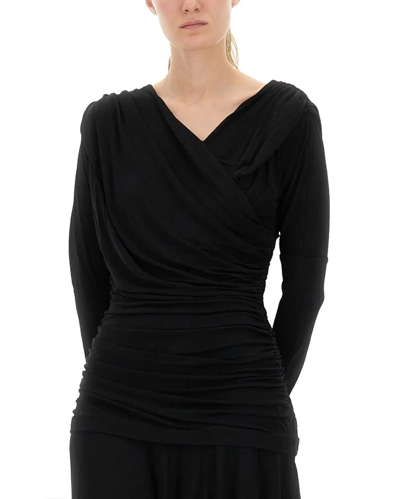 Ganni Gathered Viscose Dress — Black Black