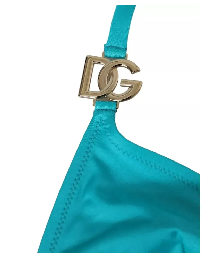 Dolce & Gabbana Women Blue Green Halter Dg Logo Swimwear Beachwear Bikini Top Nylon Elastane Turquoise