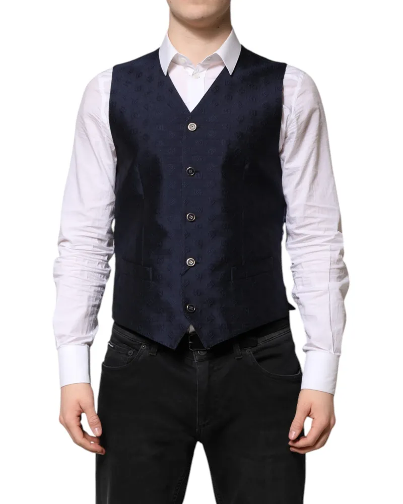 Dolce & Gabbana Dark Blue Logo Wool Formal Men Waistcoat Vest Virgin Elastane Clothing Navy