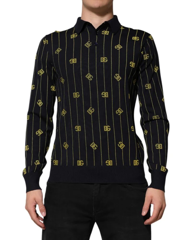 Dolce & Gabbana Men's Black Logo Jacquard Knitted Polo Shirt T-Shirt Virgin Wool Black