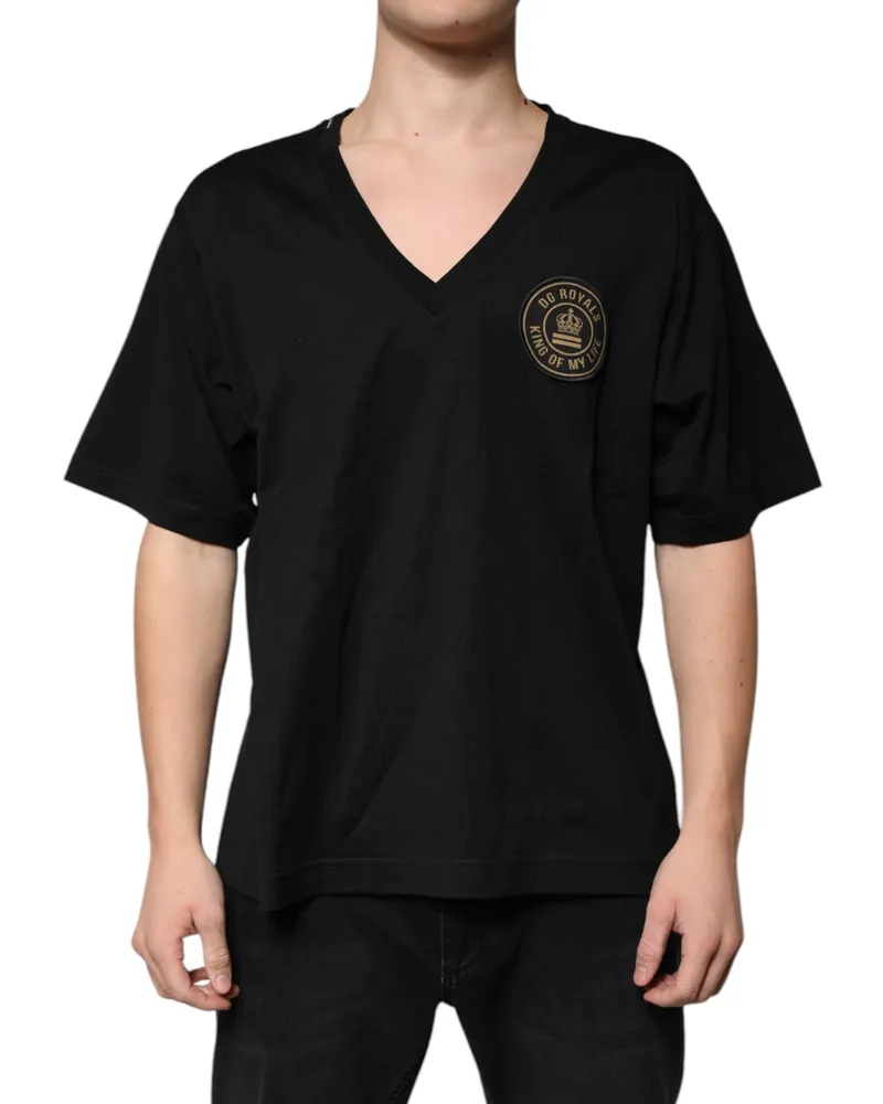 Dolce & Gabbana Men Black Cotton Logo Vneck Short Sleeve T-Shirt Black