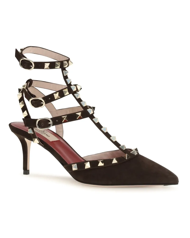Valentino Garavani Women's Rockstud Suede Pumps Ebony Brown High Heel Shoes Black