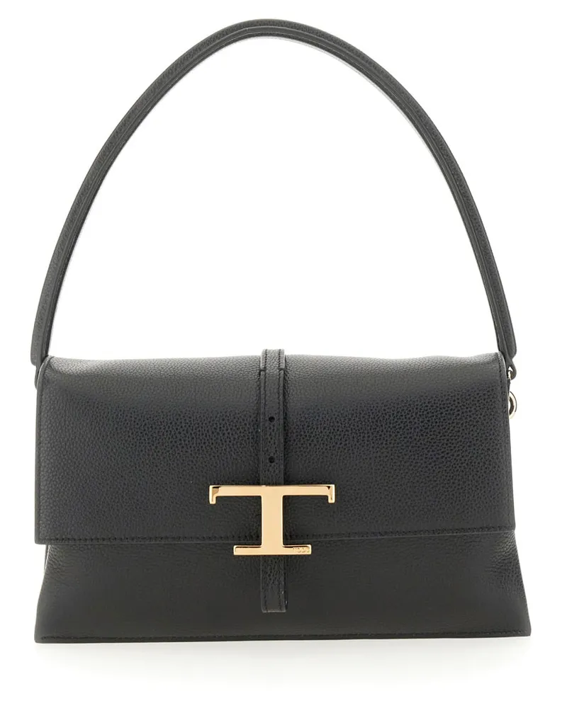 TOD'S Women's Flap Bag T Timeless Black Calfskin Shoulder Black