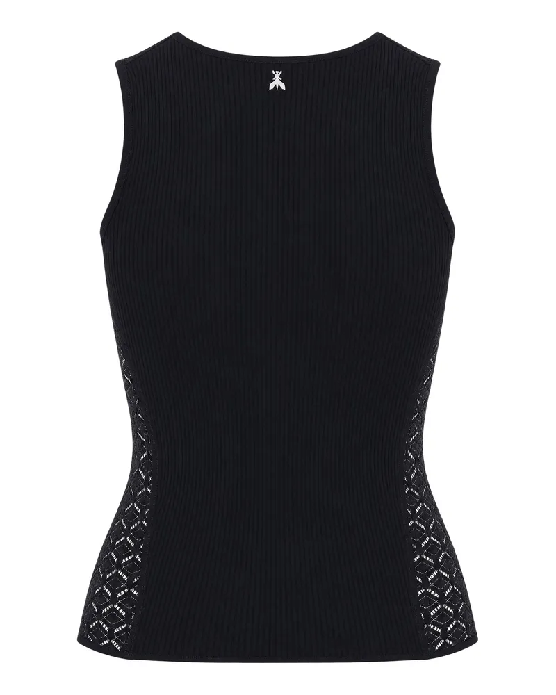 Patrizia Pepe Lace-Trimmed Ribbed Knit Tank Top — Black Black