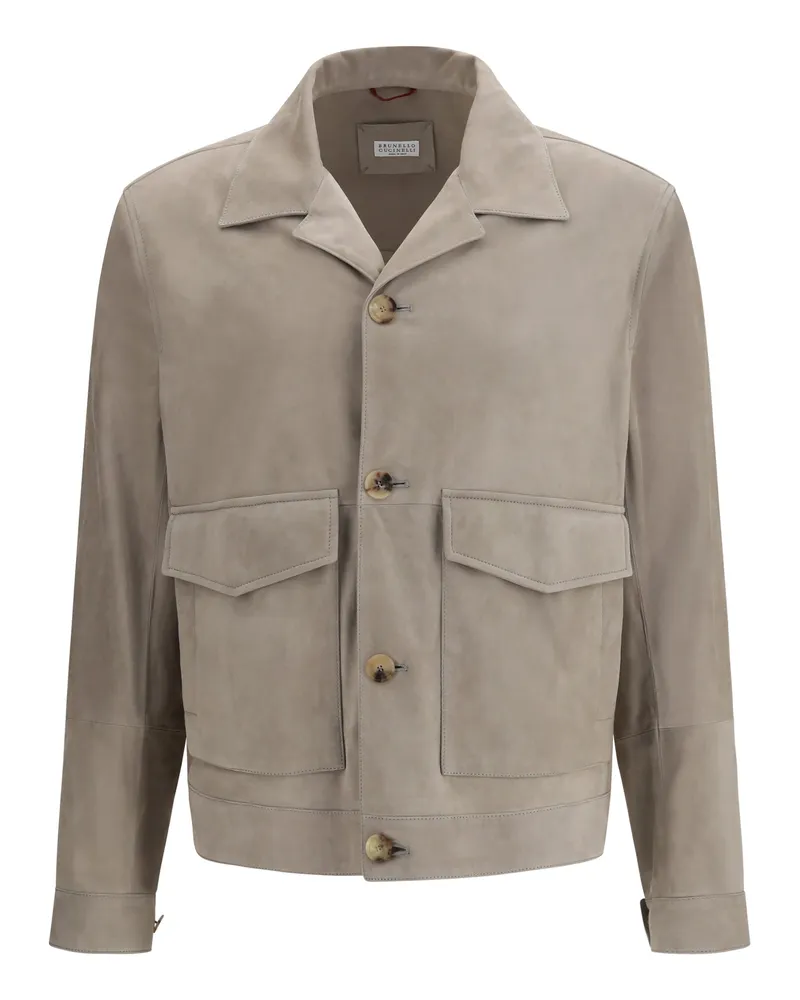 Brunello Cucinelli Men Suede Jacket Khaki Calf Leather Padded & Down Khaki