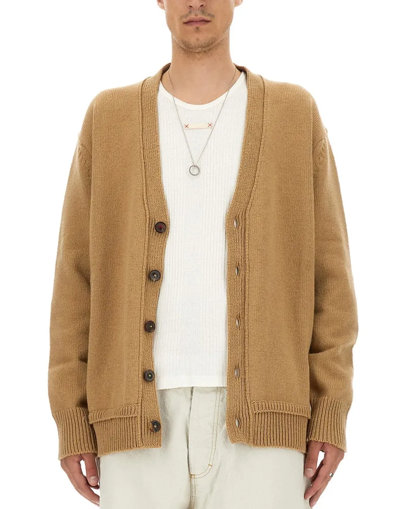 Maison Margiela Wool-Linen-Cotton Blend V-Neck Cardigan — Beige Beige