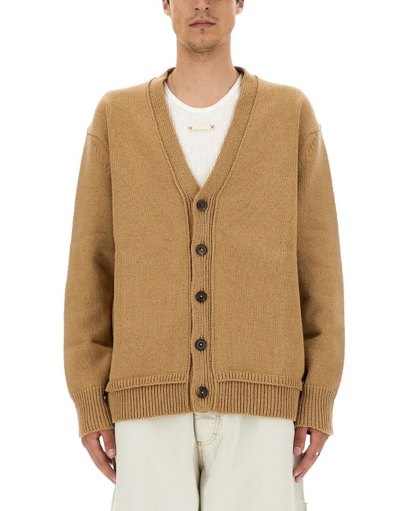 Maison Margiela Wool-Linen-Cotton Blend V-Neck Cardigan — Beige Beige