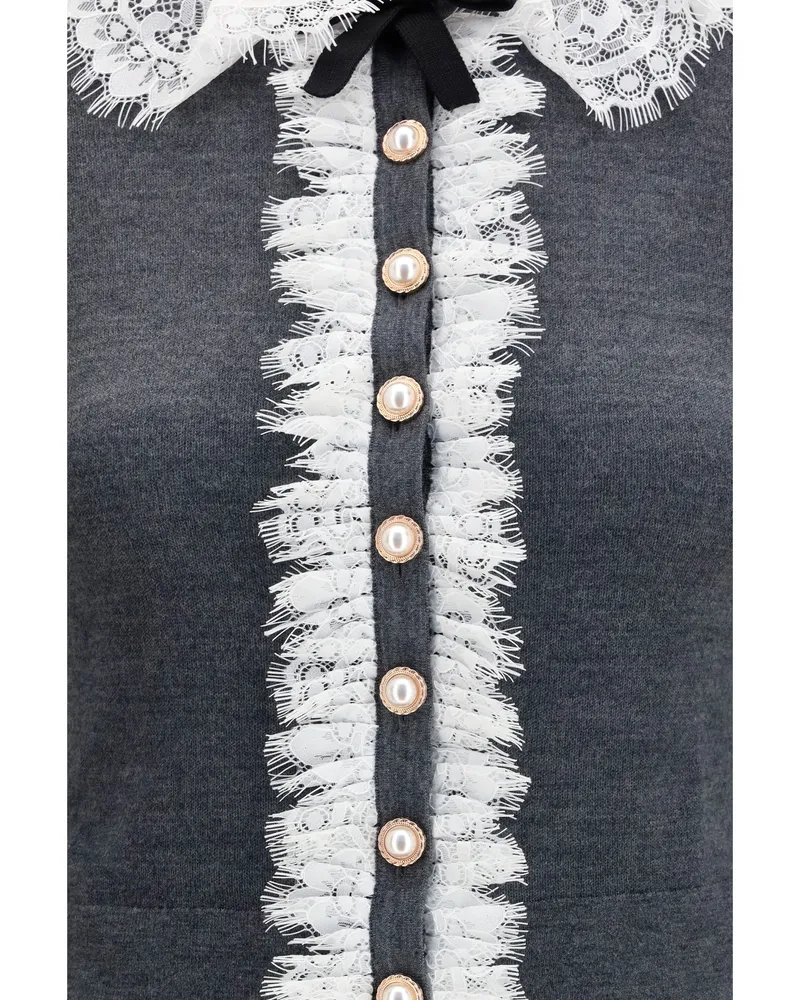 Self-Portrait Women Knit Cardigan Lace Collar Grey Merino Wool Sweater Gray