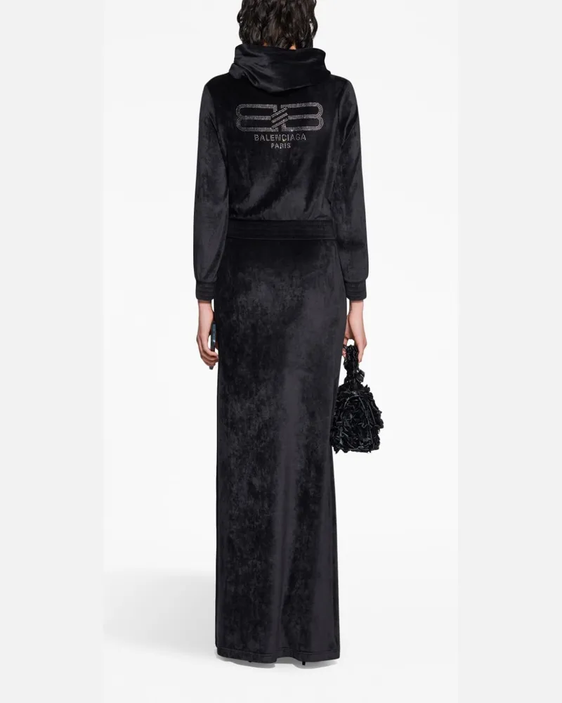 Balenciaga Crystal-Embellished Velvet Hoodie — Black Black