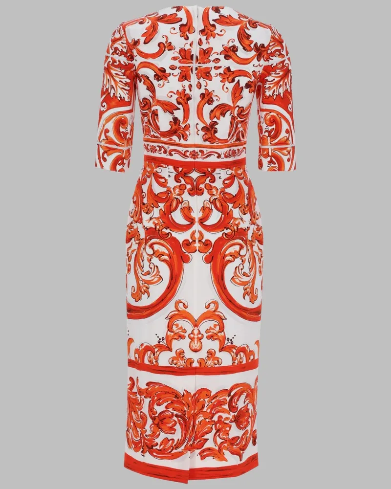 Dolce & Gabbana Maiolica Print Charmeuse Dress — Orange Orange