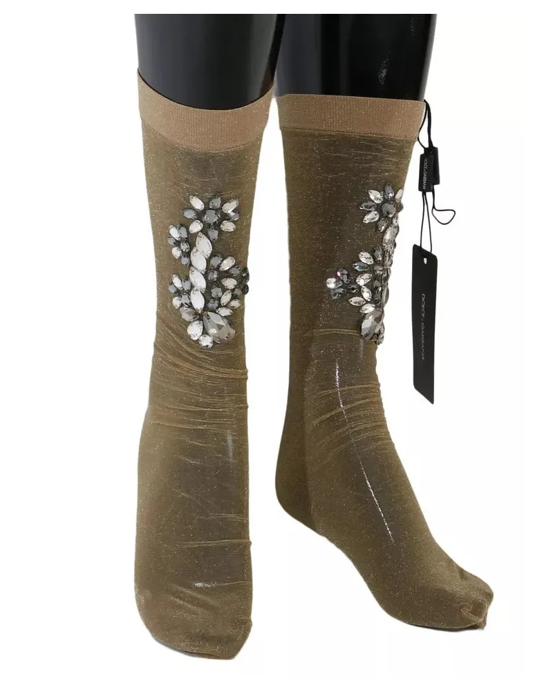 Dolce & Gabbana Women Gold Stretch Floral Clear Crystal Stocking Socks Nylon Clothing Gold